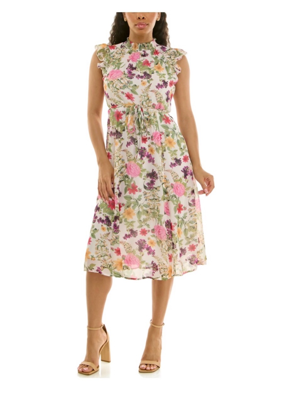 Nina Leonard Smocked Flutter Sleeve Print Dress NWT